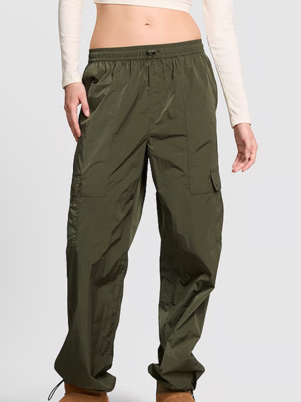 PINK Victoria's Secret Olive Green Satin Parachute Cargo Pants X-Large
